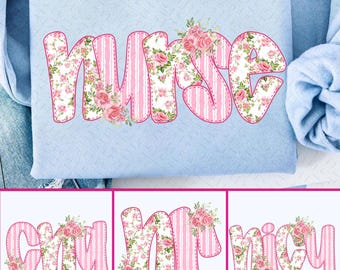 Preppy Nurse Blue Floral Stripe PNG Bundle, Boho CNA NICu RN Sublimation Design, Girly Coquette Bow Trendy Nurse Life Shirt Clipart