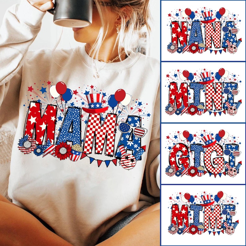 May include: A white sweatshirt with a red, white, and blue graphic design that says "Mama" with fireworks, balloons, and stars. The graphic also includes a red, white, and blue hat with a star on top.