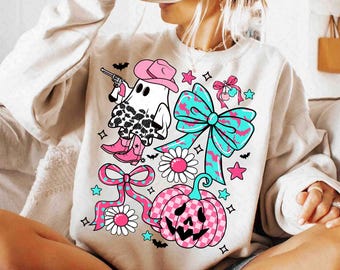 Pink Cowboy Ghost Coquette Png, Preppy Western Halloween Shirt Design, Girly Pink Pumpkin Bow Png Floral Spooky Season Png Howdy Cowgirl Png