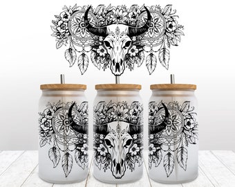 Glass Can Wrap, Boho Cow Skull Glass Can Png, Glass Tumbler Wrap, 16oz Frosted Glass Sublimstion Designs, Libby Glass Wrap, Western