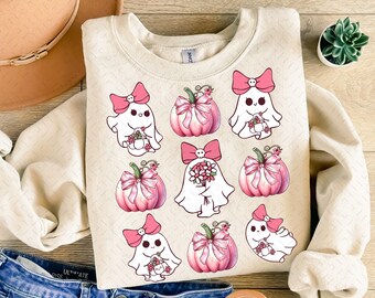Rosa Geist Kokette Bogen PNG, Retro Herbst Kürbis Bogen Png, Halloween png Niedlicher rosa Geist, Boujee Geist, Herbst Sublimationsdesign Herbst PNG