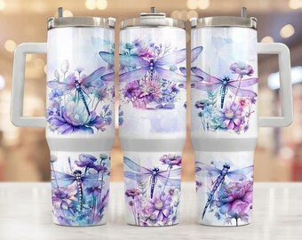 40oz tumbler wrap floral dragonfly , Sublimation design templates, 40oz png Digital download. Clip art download, 40oz tumbler with handle