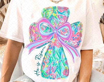 Bright Floral Coquette Glitter Stitch Cross PNG, christian Sublimation File, He Is Risen Easter Shirt Design,Hand Drawn, Digital Download