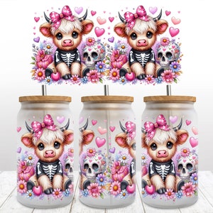 Coquette Halloween Libbey Glas Highland Cow Burkplast 16oz Sublimering Trendig Design PNG Pastell Halloween Spooky Coquette PNG Skelett bild 6