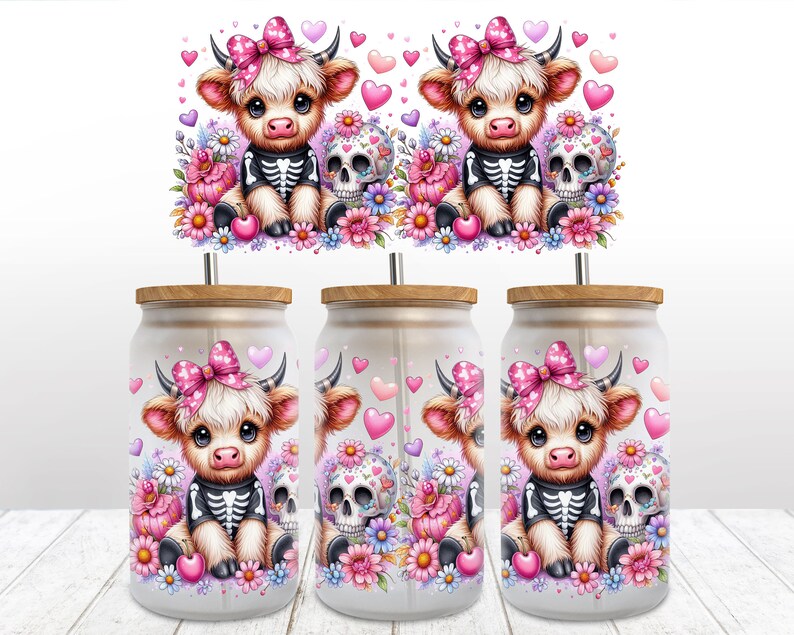 Coquette Halloween Libbey Glas Highland Cow Burkplast 16oz Sublimering Trendig Design PNG Pastell Halloween Spooky Coquette PNG Skelett bild 6