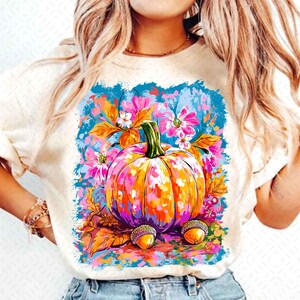 Höstblommig pumpa png, flickiga höstvibbar png, preppy höstpenseldrag png, boho blommig höstskjorta sublimering, rosa pumpasäsong png