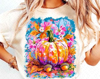 Jesienne kwiaty dyniowe w formacie PNG, dziewczęce jesienne klimaty w formacie PNG, jesienne pociągnięcia pędzlem w stylu Preppy w formacie PNG, jesienna koszula w kwiaty w stylu boho z sublimacją, różowy sezon dyniowy w formacie PNG