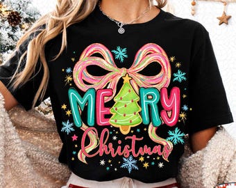 Merry Christmas Coquette Png, Preppy Christmas Shirt Png, Merry and bright png, Xmas png, Bow Christmas Tree Png, Christmas Sublimation Png
