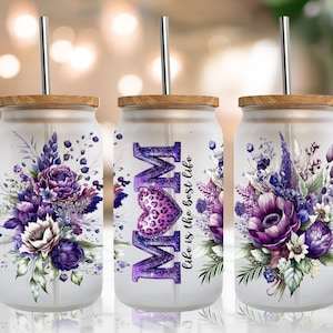 Floral Mom 16 oz Libbey Glass Wrap, Mother&#39;s Day Libbey Glass Design Png, 16Oz Glass Can Wrap Png, Glass Can Sublimation, Digital Download