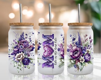 Floral Mom 16 oz Libbey Glass Wrap, Mother's Day Libbey Glass Design Png, 16Oz Glass Can Wrap Png, Glass Can Sublimation, Digital Download
