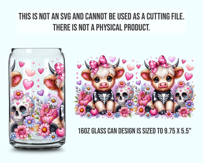 Coquette Halloween Libbey Glas Highland Cow Burkplast 16oz Sublimering Trendig Design PNG Pastell Halloween Spooky Coquette PNG Skelett bild 4