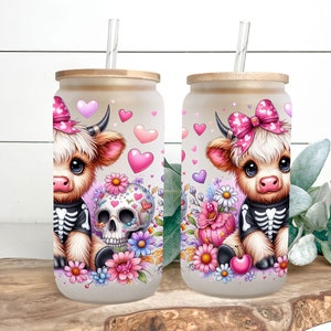 Coquette Halloween Libbey Glas Highland Cow Burkplast 16oz Sublimering Trendig Design PNG Pastell Halloween Spooky Coquette PNG Skelett bild 5