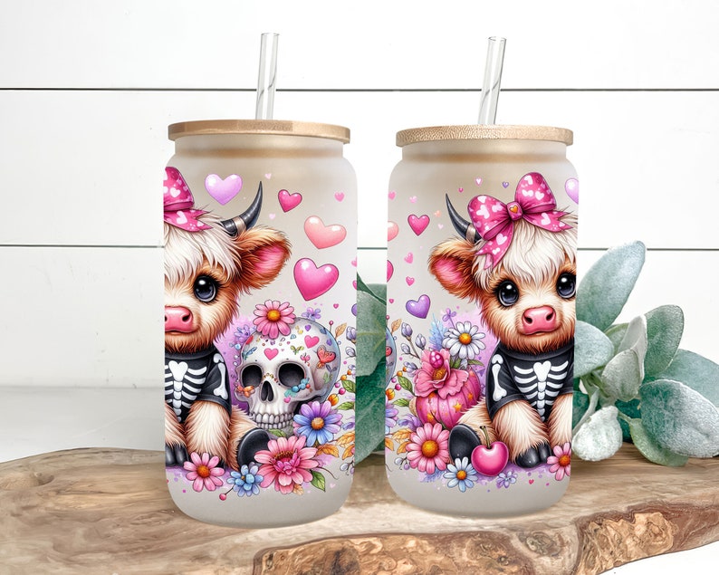 Coquette Halloween Libbey Glas Highland Cow Burkplast 16oz Sublimering Trendig Design PNG Pastell Halloween Spooky Coquette PNG Skelett bild 5
