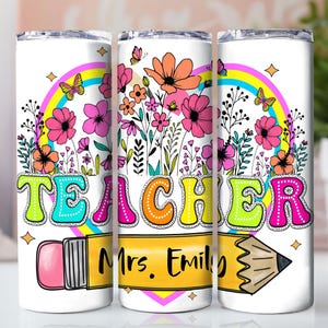 Personalized Teacher 20 oz Skinny Tumbler Wrap PNG, Custom Floral Teacher Tumbler Sublimation Design, Teacher Appreciation Digital Download