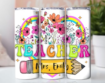 Personalized Teacher 20 oz Skinny Tumbler Wrap PNG, Custom Floral Teacher Tumbler Sublimation Design, Teacher Appreciation Digital Download