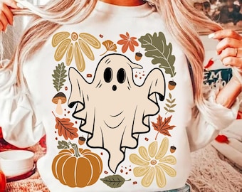 Cute Fall Ghost Png, Boho Halloween fall Ghost Png, Autumn Leaves Sublimation design, Girly Pumpkin Png, Halloween Png, Autumn Vibes Png