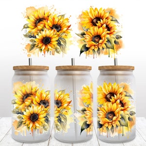 Sunflowers Watercolor Style, Frosted Glass Libbey Can Wrap, 16oz PNG, Digital Sublimation Design, Instant Download Glass can wrap PNG wrap