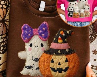 Patchwork spöke och pumpa png-paket, Vintage halloween png, Quilt spöke sublimering, mysig läskig höstskjortadesign, retro Halloween spöke