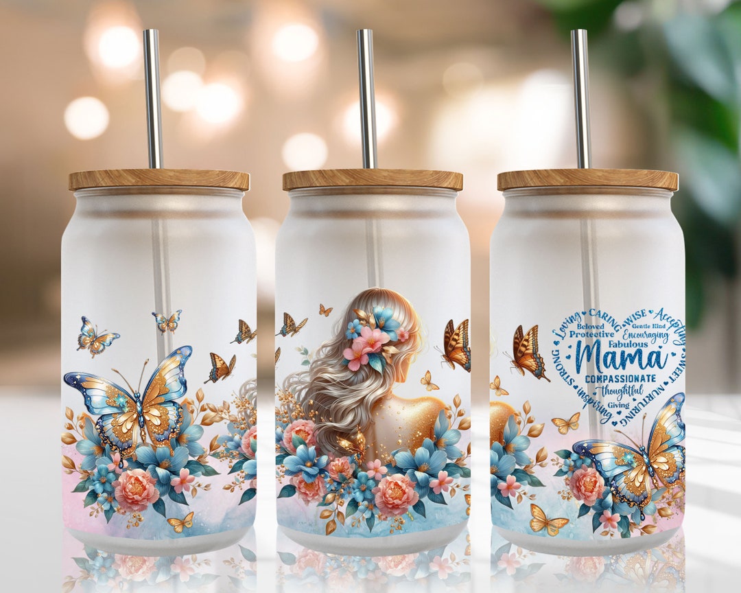 Butterfly Mama Libbey Glass Can Wrap PNG - Flower Mom Butterfly Glass ...