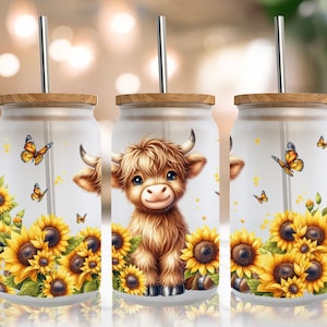 16 Oz Glass Can Wrap Highland Cow Sunflowers, Highland Cow Glass Cup, Hihgland Cow Sunflower Tumbler Sublimation Design PNG Digital Download