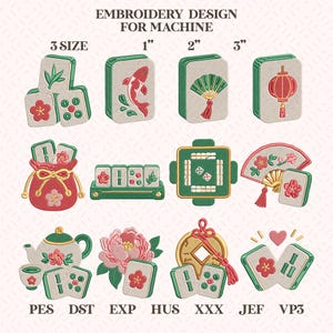 Mini Mahjong-broderipaket, spelkväll kinesisk kakeldrake vindblomma tärningsbroderi, bambu temaskinfil, omedelbar nedladdning