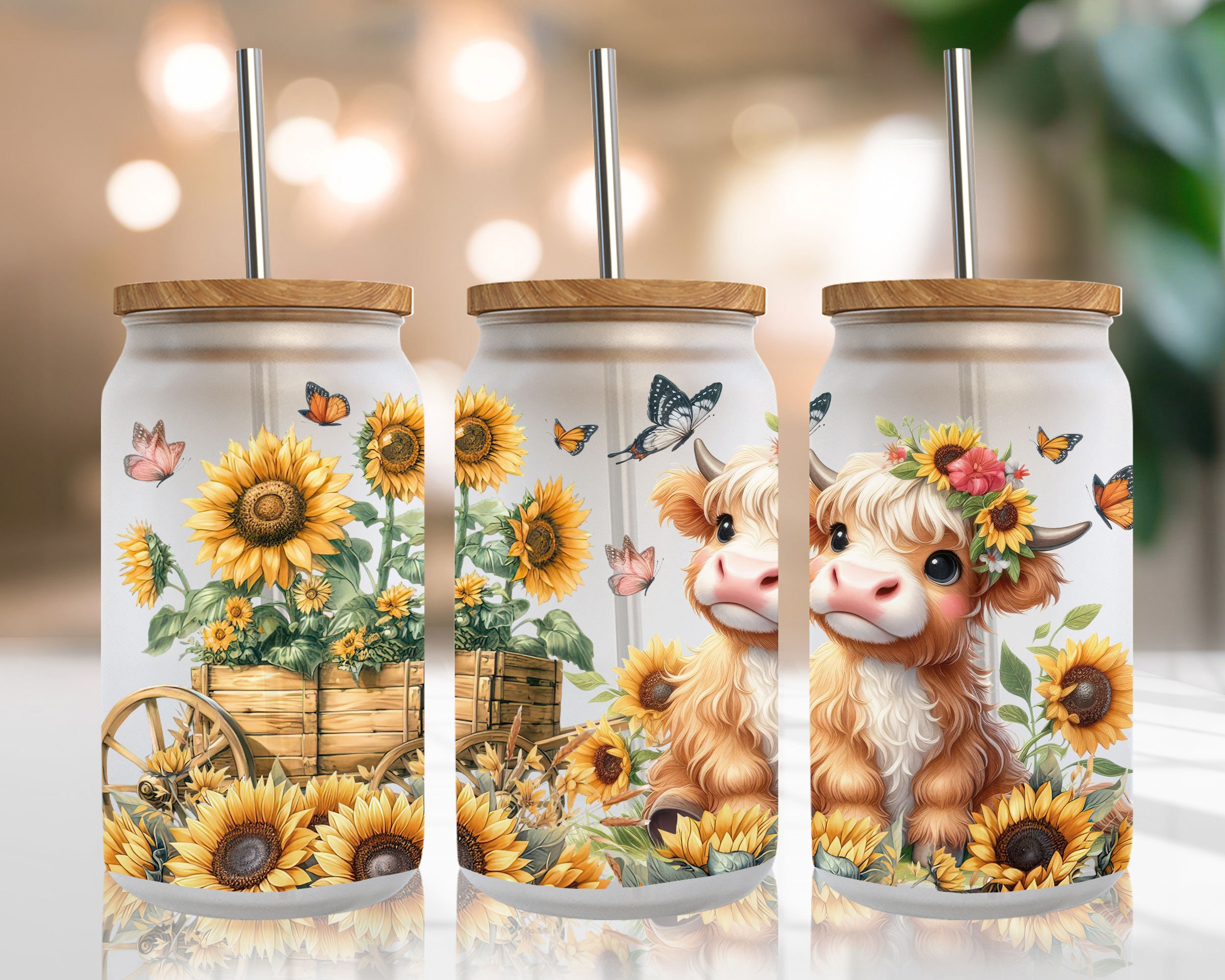 Sunflowers Highland Cow 16oz Wrap PNG, Summer Flowers Frosted Glass Sublimation Design, Watercolor Floral Libbey Cup PNG, Cute Animal PNG