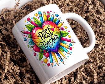 The Best Teacher Mug Wrap, 11oz & 15oz Mug Template, Mug Sublimation Design, Colorful Heart Mug Wrap Template, Instant Digital Download PNG