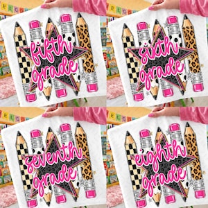 May include: A white fabric square featuring a central black leopard print star surrounded by four pencils with distinct patterns including checkerboard, polka dots, and leopard print. The text fifth, sixth, seventh, and eighth grade is in pink.