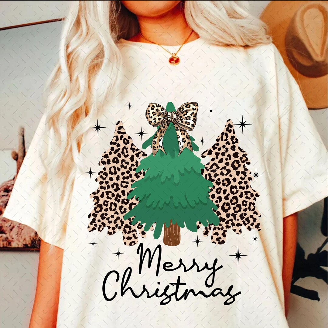 Leopard Plaid Patchwork Christmas Tree Print T Shirt