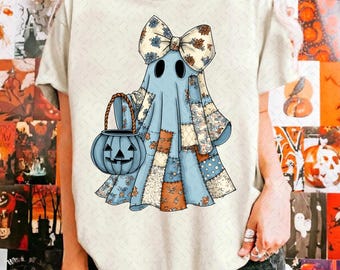 Retro Halloween Blue Denim Png, Trendy Patchwork, gruseliger Geist Png, Süßer Boo Geist, Kokette Png, Herbst Kürbis Png, Gruselige Jahreszeit Png