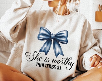 She is Worthy Bow PNG File, Women's Christian Shirts, Cute Christian Coquette Designs, Girly Faith Shirt Ideas, Trendy Christian Shirt Idea