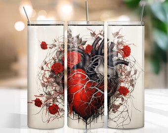 Vintage Gothic Heart With Roses Halloween 20 oz tumbler Wrap for Straight/Tapered Tumbler PNG File Digital Download Sublimation Design