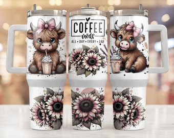40oz Coffee Tumbler Wrap, 40oz Sublimation Design Download, Floral Highland Cow 40oz Tumbler Png, 40 Oz Quencher Tumbler Sublimation Design