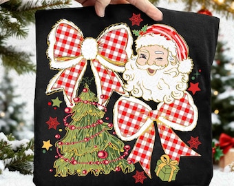 Santa Coquette Christmas Png, Plaid Christmas Bow Png, Floral Preppy Christmas Tree Png, Merry Christmas Girly Png, Vintage Santa Png Design