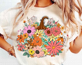 Kwiatowa dynia Png, Boho Jesienna koszulka z dyni, Sublimacja retro jesiennych kwiatów, Preppy Jesienne pociągnięcia pędzlem Png, Sezon dyni Png