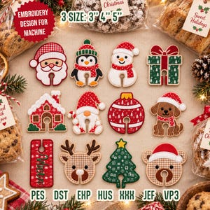 Könnte beinhalten: Eine Sammlung von zwölf gestickten weihnachtlichen Maschinenstickmustern, darunter der Weihnachtsmann, ein Pinguin, ein Schneemann, ein Geschenk, ein Haus, ein Wichtel, eine Kugel, ein Hund, ein Anhänger, ein Rentier, ein Baum und ein Bär.