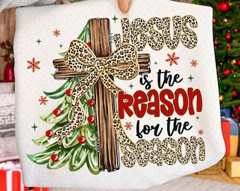 PNG de Navidad estilo preppy, PNG de leopardo con la frase "Jesús es la razón de la Navidad", PNG de Navidad, PNG de Navidad retro, PNG de leopardo a cuadros