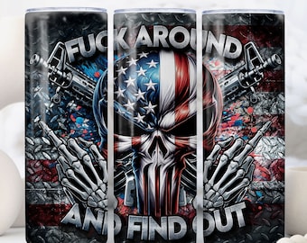 American Skull Flag 20 oz Skinny Tumbler Seamless Wrap Sublimation, F Around and Find Out, 2nd Amendment Patriotic, Digital Download PNG