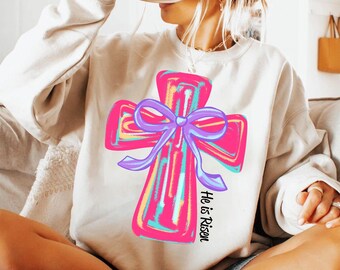 Cross easter Pink Brushstroke png, he is risen png, cross coquette bow png, pink bunny png, easter png, Girls easter png, preppy easter png