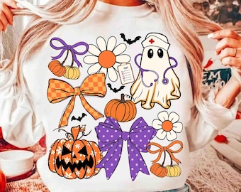 Nurse Halloween Coquette Png, Cute Spooky Nurse Shirt Design, Funny Ghost Nurse Png, Preppy Halloween Nurse Png, ER Nurse Sublimation