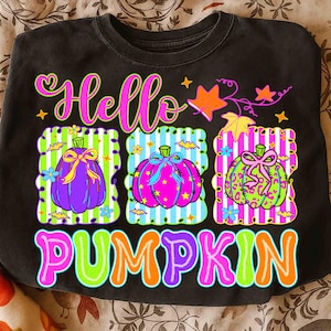 May include: Black sweatshirt with a colorful graphic that says "Hello Pumpkin." The design features three pumpkins in different colors and patterns, with a bow on top. The word "PUMPKIN" is in large, colorful letters.