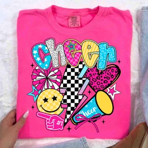 Cheer Png, Preppy Cheer Mom Shirt Sublimation, Cheerleader Coquette Png, Colorful Checker Bow Pom Pom Png, Cheer Season Png, Team Spirit Png