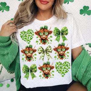 St Patrick's Day Highland Cow PNG, St. Patrick's Day Heart Clover, Coquette St. Patrick's png, Shamrock png, St Patrick's Day png, Irish png