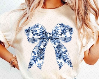 Blue And White Chinoiserie bow, Vintage Floral Patterns, PNG Bundle, Coquette Blue Willow Sublimation, PNG, Trendy Chinoiserie PNG
