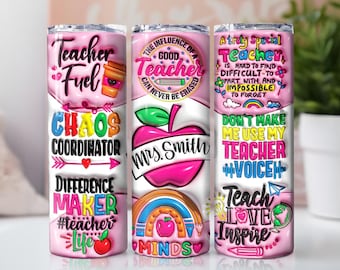 Custom Pink Teacher 3D Inflated 20oz Tumbler Png, Teacher Life Tumbler 20oz Png, Teacher 20 oz Tumbler Wrap,3D Puff 20 oz Skinny Tumbler Png