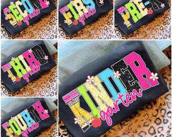 Paquete PNG de regreso a clases, coqueta, preescolar, 1.º, 2.º, 3.º y 4.º grado, con purpurina a cuadros, dibujado a mano, colorido