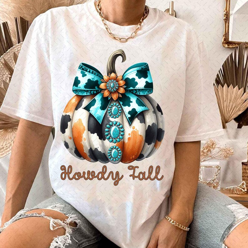 Howdy Fall Western Pumpkin Png Sublimation, Fall Cowhide Pumpkin, Fall Png, Western Pumpkin Png, Coquette Bow Pumpkin, Fall T-shirt Design image 3