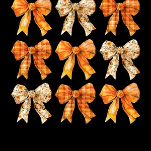 May include: Twelve orange bows with different patterns. The bows are made of fabric with plaid, floral, and solid orange patterns.