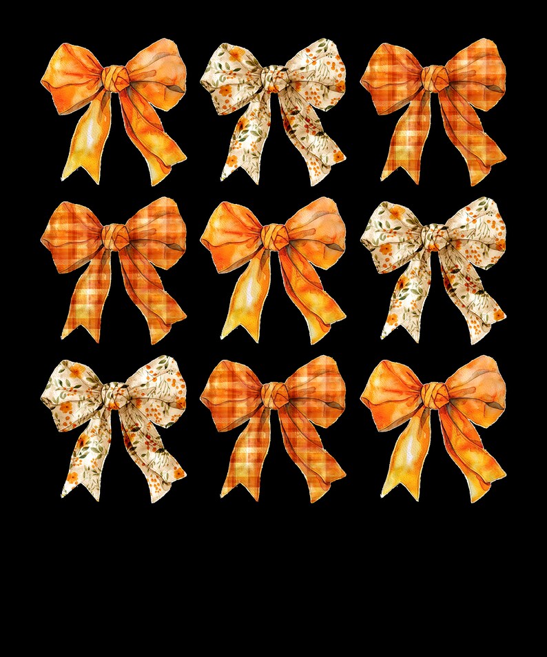 May include: Twelve orange bows with different patterns. The bows are made of fabric with plaid, floral, and solid orange patterns.