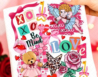 Collage di San Valentino retrò in formato PNG, design per maglietta di San Valentino a quadri, stampa leopardata floreale preppy, download digitale XoXo Be Mine
